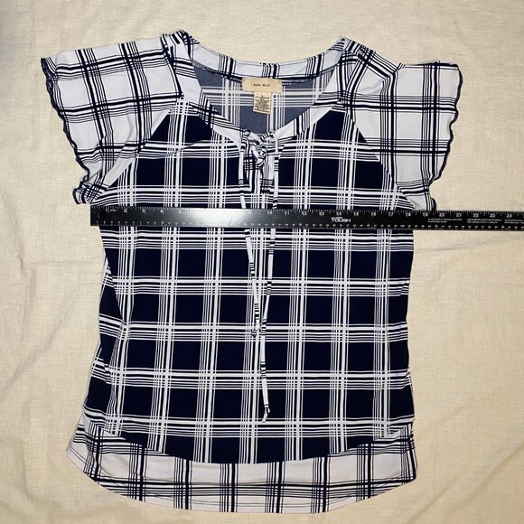 Diana Belle Black White Plaid Womens L Tie Neck Short Flutter Sleeve Blouse EUC - Picture 6 of 8
